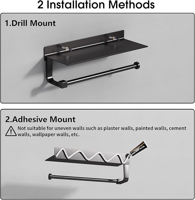 Danpoo Wall Mount Paper Towel Holder with Shelf for Bathroom/Kitchen, Adhesive Hand Towel Holder, Matte Black - Image 8