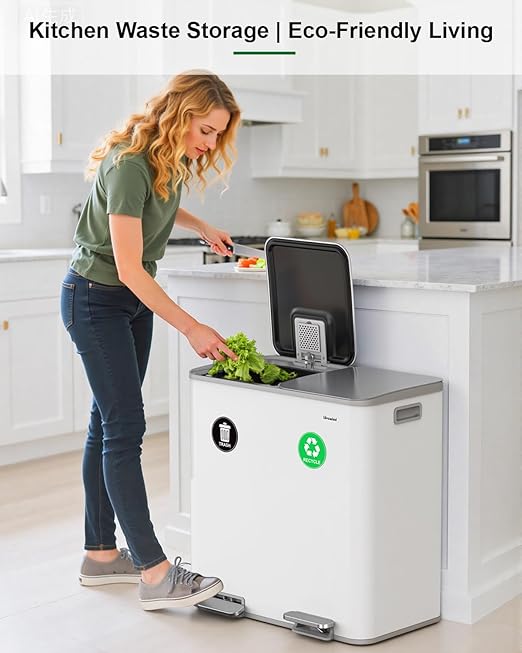 Lovewind 2×11.5 Gallon Dual Trash Can, Stainless Steel Dual Garbage and Recycling Can with Foot Pedal, 90° Stay-Open Lid, Pet-Proof Design – Large Dual Compartment Trash Recycling Bins Kitchen, White