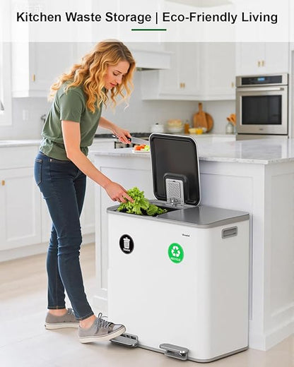Lovewind 2×11.5 Gallon Dual Trash Can, Stainless Steel Dual Garbage and Recycling Can with Foot Pedal, 90° Stay-Open Lid, Pet-Proof Design – Large Dual Compartment Trash Recycling Bins Kitchen, White