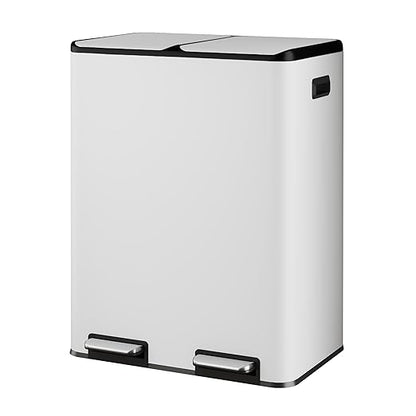 WLIVE 2 x 8 Gallon Stainless Steel Dual Trash Can, Double Trash Can Kitchen with Soft-Close Lid, Trash and Recycle Bin Combo, Kitchen Garbage Can with Deodorizing Filter Box and Inner Buckets, White