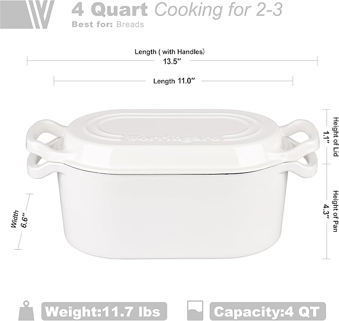 VORRINGARD Oval Dutch Oven Pot with Lid, Enamel Coating Cast Iron Bread Pans for Homemade Sourdough Bread Baking, Cooking, 4 Quart, White