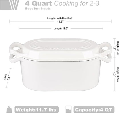 VORRINGARD Oval Dutch Oven Pot with Lid, Enamel Coating Cast Iron Bread Pans for Homemade Sourdough Bread Baking, Cooking, 4 Quart, White