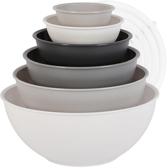 BoxedHome BPA Free Plastic Round Mixing Bowl with Lids, 12 Pack Nesting Bowls with Lids Set, Microwave and Dishwasher Safe Prep & Serving Bowls Great for Mixing, Baking, Serving (White, 12pcs) by BoxedHomeProducts