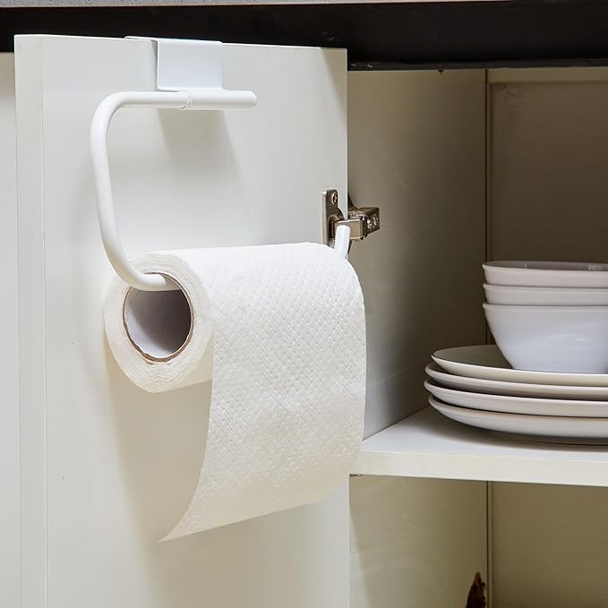 Yaocom 12.4 Inches Cabinet Door Paper Towel Holder Camper Under Sink No Drilling Paper Towel Storage and Dispenser for RV Kitchen Bathroom Laundry Room, Stainless Steel(White,1 Pcs)