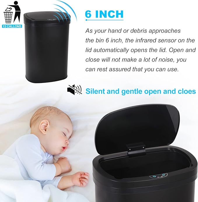 Bigacc Kitchen Trash Can | Stainless Steel 13 Gallon Trash Can | 50L Touch Free Garbage Can with Lid | Electronic Motion Sensor Automatic Trash Bin High Capacity for Kitchen Bathroom Office, Black - Image 3