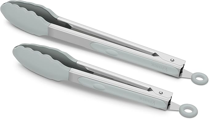 2 Pack Silicone Kitchen Tongs – 9" & 12" Set, Heat Resistant up to 500°F, Non‑Stick Cookware Safe, Wavy Silicone Tips, BPA Free, Locking Clip & Hanging Loop, Warm Grey by ALLWIN-HOUSEWARE