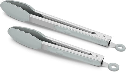 2 Pack Silicone Kitchen Tongs – 9" & 12" Set, Heat Resistant up to 500°F, Non‑Stick Cookware Safe, Wavy Silicone Tips, BPA Free, Locking Clip & Hanging Loop, Warm Grey by ALLWIN-HOUSEWARE