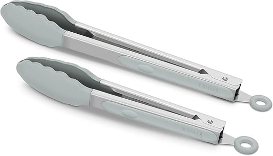 2 Pack Silicone Kitchen Tongs – 9" & 12" Set, Heat Resistant up to 500°F, Non‑Stick Cookware Safe, Wavy Silicone Tips, BPA Free, Locking Clip & Hanging Loop, Warm Grey by ALLWIN-HOUSEWARE