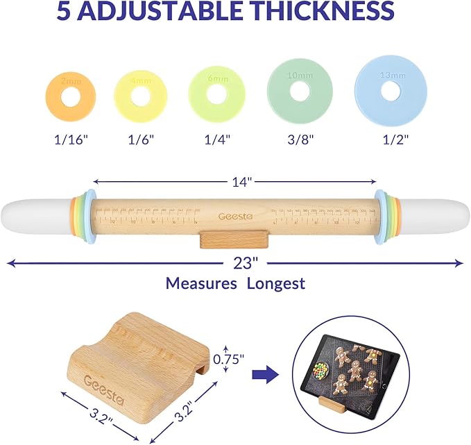 Geesta Adjustable Wood Rolling Pin with 5 Thickness Rings, Precise Dough Roller Handle Press Design with Measurement Guide for Baking Fondant, Pie Crust, Cookie, Pastry - Baking Essential - Image 6