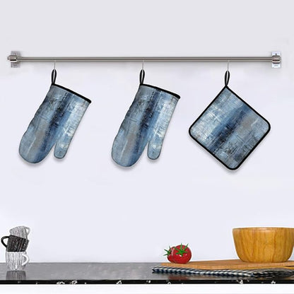 LOKMU Oven Mitts and Pot Holders Set of 3, Blue and Grey White Abstract Art Heat Resistant Kitchen Gloves Hot Pads for Cooking Baking BBQ, Kitchen Decor Gifts for Cooking Lover Cooks