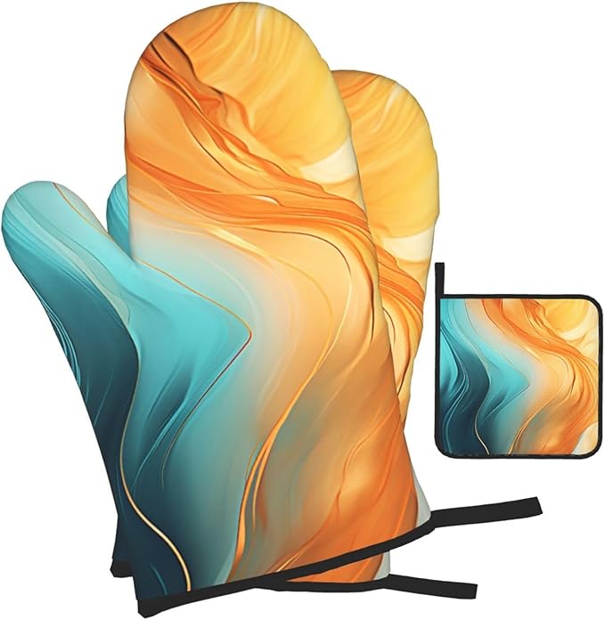 Orange Teal Marble Oven Mitts and Pot Holders Sets of 3 Kitchen Hot Pads Modern Oven Gloves Heat Resistant Washable for Cooking Grilling Baking Holiday Kitchen Decor - Image 2