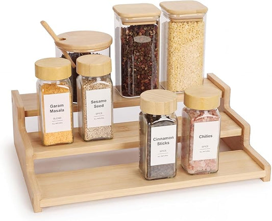 Organizer of Cabinet Special Seasoning, 12in Bamboo 3 Tiered Spice Rack，Used for Kitchen Countertops and Food Storage Room Organizer，Specially Designed for Jars and Spice Bottles (Bamboo, M)