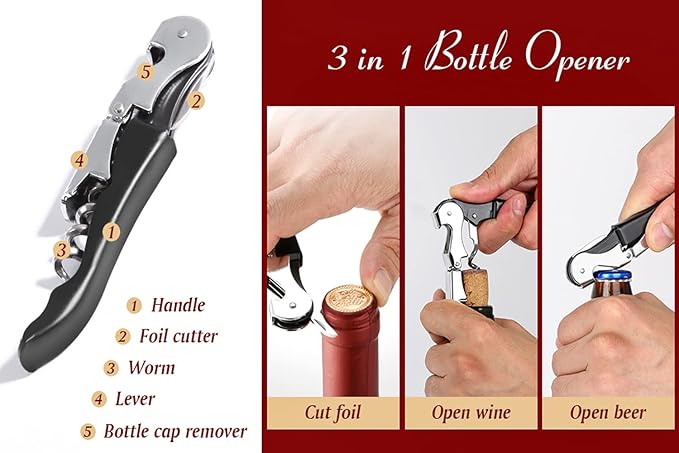 Kit-Home Professional Waiter Corkscrew Wine Openers Set (4 PCS),Upgraded with Heavy Duty Stainless Steel Hinges Wine Key for Restaurant Waiters, Sommelier, Bartenders - Image 4