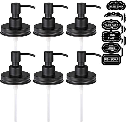 Amolliar Mason Jar Liquid Soap Dispenser Lid, 304 Stainless Steel Pump Lid for 16oz Regular Mouth Mason Jar, Rustic Farmhouse Decor, Hand Soap, Dish Soap, Lotion Soap, Black 6 Pack, Extra 3 Long Tubes