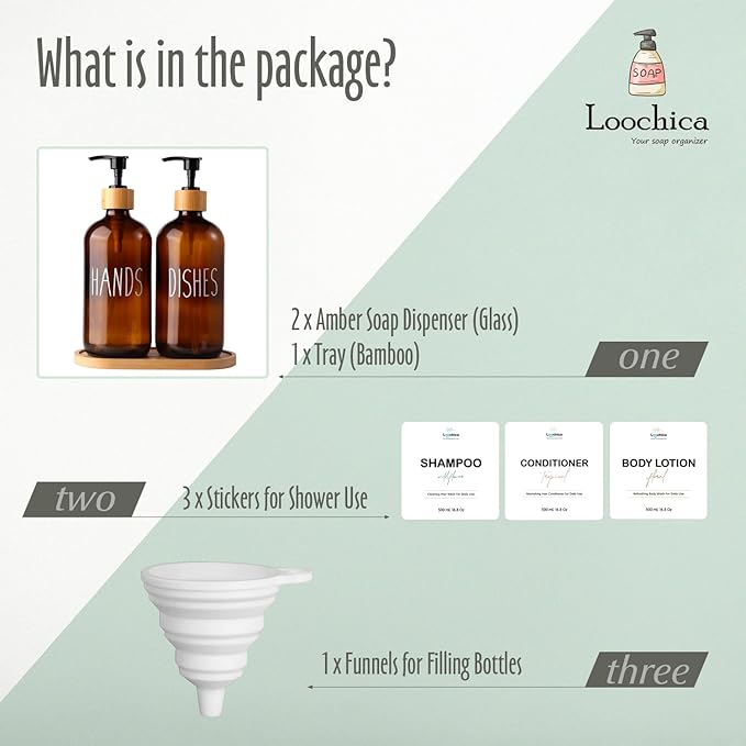 LOOCHICA Amber Glass Soap Dispenser Set with Tray, Amber Dish and Hand Soap Dispenser Set, Refillable Reusable Apothecary Soap Pump Dispenser Bottles for Bathroom and Kitchen - Image 2