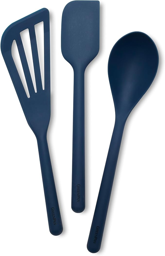 GreenPan Silicone 3 Piece Cooking Utensil Set, Fish Turner, Mixing Spatula, Solid Spoon, Flexible Nonstick Kitchen Tools Rigid Steel Core, Heat-Resistant Anti-Slip Handle BPA-Free Dishwasher Safe Blue by GreenPan