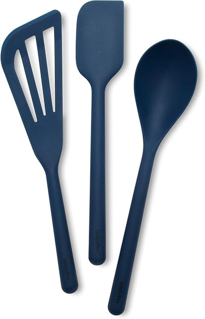 GreenPan Silicone 3 Piece Cooking Utensil Set, Fish Turner, Mixing Spatula, Solid Spoon, Flexible Nonstick Kitchen Tools Rigid Steel Core, Heat-Resistant Anti-Slip Handle BPA-Free Dishwasher Safe Blue by GreenPan