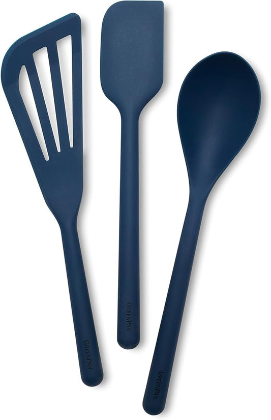 GreenPan Silicone 3 Piece Cooking Utensil Set, Fish Turner, Mixing Spatula, Solid Spoon, Flexible Nonstick Kitchen Tools Rigid Steel Core, Heat-Resistant Anti-Slip Handle BPA-Free Dishwasher Safe Blue by GreenPan