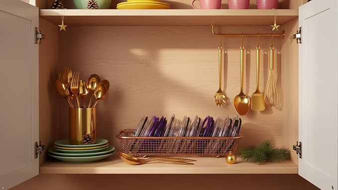 4Pack Stainless Steel Tumbler Cup Lid Organizer Inside Cabinet, Mason Jar Lid Holder, Rectangular Basket for Storage of Silverware, Chopsticks, straws and Utensils, Rosegold - Image 3