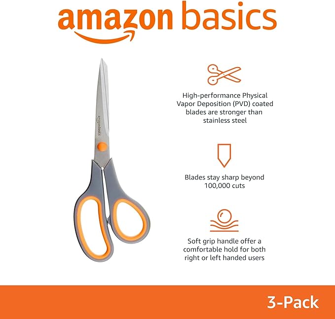 Amazon Basics Multipurpose Stainless Steel Scissors for Office, Crafts, Right/Left Handed, Comfort Grip, PVD Coated, 3-Pack, Multicolor - Image 2