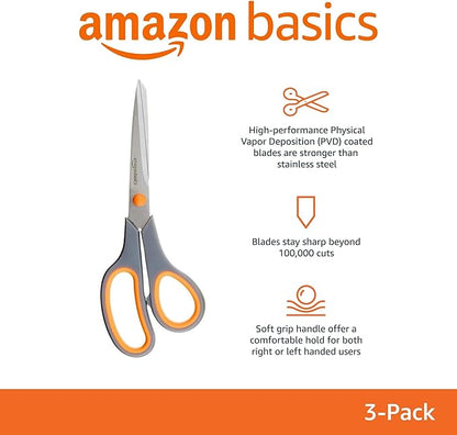 Amazon Basics Multipurpose Stainless Steel Scissors for Office, Crafts, Right/Left Handed, Comfort Grip, PVD Coated, 3-Pack, Multicolor - Image 2