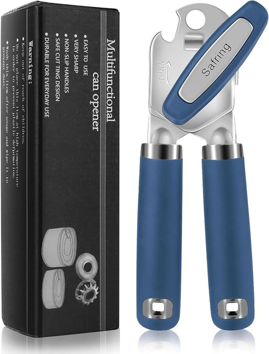 Safring Can Opener Manual, Heavy Duty Handheld Strong Can Opener with Soft Touch Handle, Sharp Blade Smooth Edge, Can Openers with Multifunctional Bottle Opener, Blue by Safring