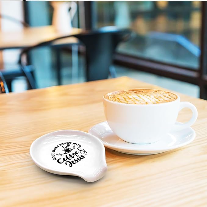 Funny Coffee Spoon Holder-Coffee Spoon Rest-Cafe Bar Station Accessories-Good Days Start With Coffee And Jesus Sign