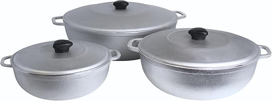 IMUSA Caldero Stock Pot with Lid 3pc Set, 1.5/3.5/7 QT, Cast Aluminum, Perfect for Serving Large & Small Groups, Riveted Handles, Made in Colombia, Silver