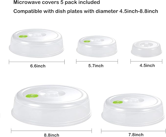 Set of 5 Microwave Plate Covers with Adjustable Steam Vents; Microwave Splatter Covers - Mixed Sizes for Large & Small Food Plates Bowls