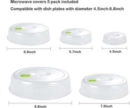 Set of 5 Microwave Plate Covers with Adjustable Steam Vents; Microwave Splatter Covers - Mixed Sizes for Large & Small Food Plates Bowls