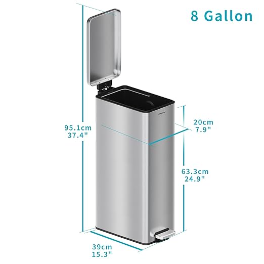 8 gallon/30L Slim Stainless Steel Garbage Can with Soft Close lid for Small Spaces，Pedal Fingerprint Proof Trash Bin with Removable Inner Bucket for Kitchen - Image 7