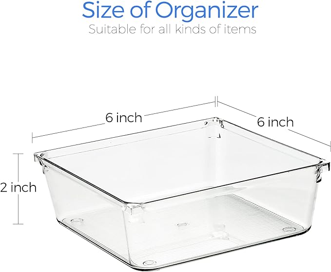 Ravinte 6 Pack Drawer Organizer - 6" X 6" Plastic Storage Bins, Acrylic Organizers with Non-Slip Pads Clear Desk Storage Tray for Makeup, Jewelries, Kitchen Utensils, Bathroom and Office - Image 3