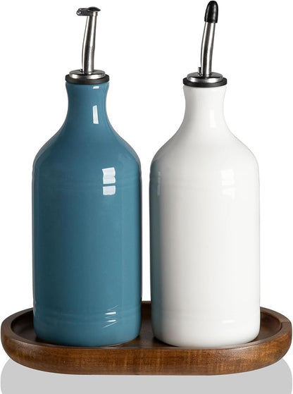 Sweejar Ceramic Olive Oil Dispenser Bottle Set, Opaque Oil Cruet Protects to Reduce Oxidation, Suitable For Storage Of Vinegar, Soy Sauce & Other Liquids,Pack of 2,15.5 Fl Oz（White Fogblue） by Sweejarco1949