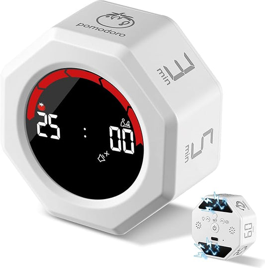 Rechargeable Pomodoro Timer, Magnetic Kitchen Timer for Cooking, 8-Angle Auto-Rotating Screen with Gravity Sensor, 3/5/10/25/30/60min & Custom Countdown for ADHD, Office, Study, Kitchen & Kids