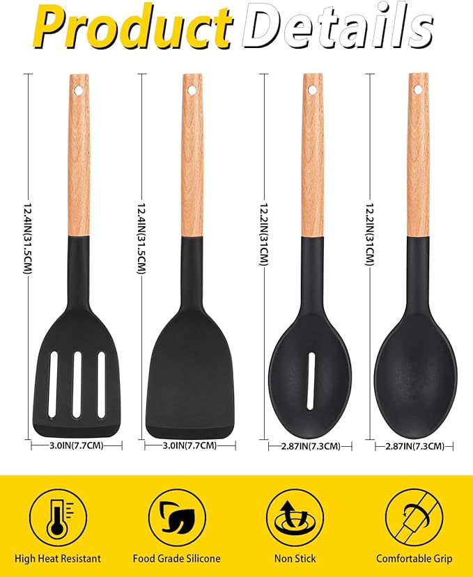 Pack of 4 Silicone Cooking Utensils Set, Non Stick Solid Spatulas and Heat Resistant Slotted Spoons with Wooden Handle, Ideal Wood Kitchen Utensils Set for Frying,Serving,Turning,Stirring (BLACK) - Image 3