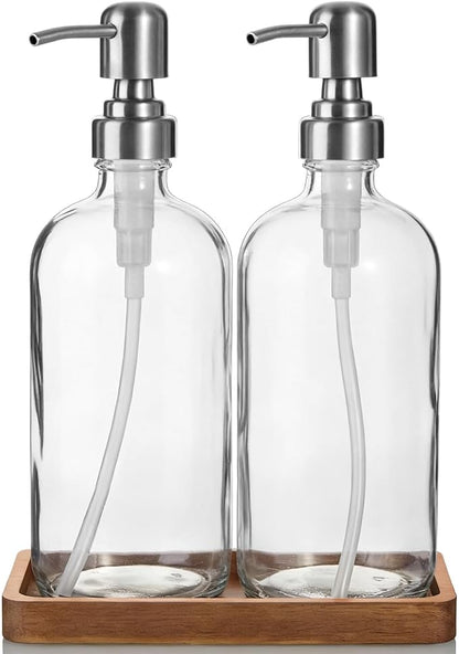 Clear Glass Soap Dispenser Set with Acacia Wood Tray, Refillable Hand Soap Pump Bottle for Kitchen, Bathroom Countertop, Modern Farmhouse Soap Dispenser Set