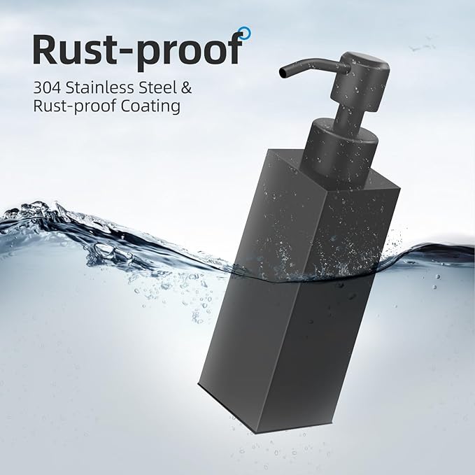 Black Soap Dispenser, Matte Black Stainless Steel, Rust-Proof Liquid Hand Dish Dispenser for Bathroom & Kitchen, 8.5 Oz Refillable Countertop Lotion Bottle (Square) - Image 8