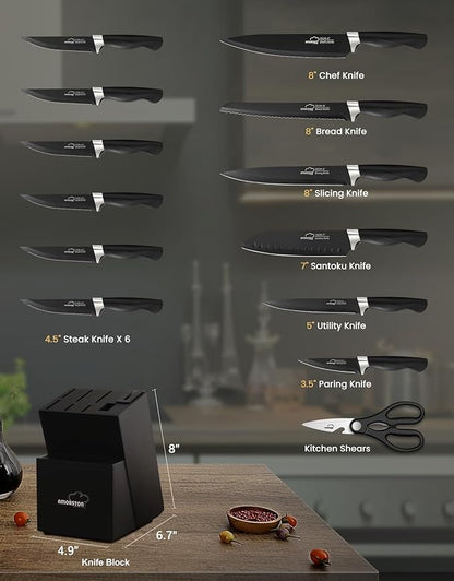 Amorston Knife Set, 15 Pieces Kitchen Knives Set with Block and Built in Sharpener, Dishwasher Safe Knife Block Set, German Stainless Steel Knife Block Set for Home Kitchen Mothers Day Gifts Black - Image 6
