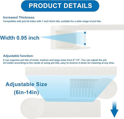 4-piece pot lid rack, pot lid storage container suitable for lids ranging from 6 inches to 14 inches, adhesive wall mounted pot lid storage, suitable for kitchen cabinets and cabinet doors (White)