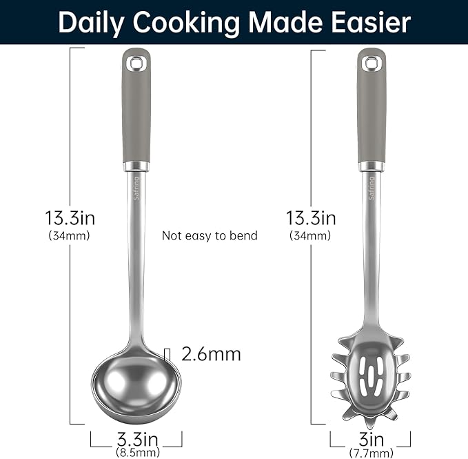 Safring Stainless Steel Soup Ladle and Spaghetti Spoon Set, Heat Resistant Rubber Handle, Dishwasher Safe, Kitchen Utensils for Cooking, Stirring, Serving Pasta, Soup & Sauce (Gray) - Image 2