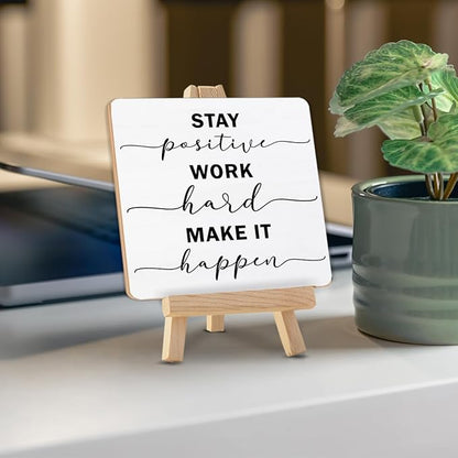 Inspirational Stay Positive Work Hard Make It Happen Sign, Encouragement Gifts for Women Men Wood Sign with Easel Home Office Desk Shelf Tabletop Decor - Image 4