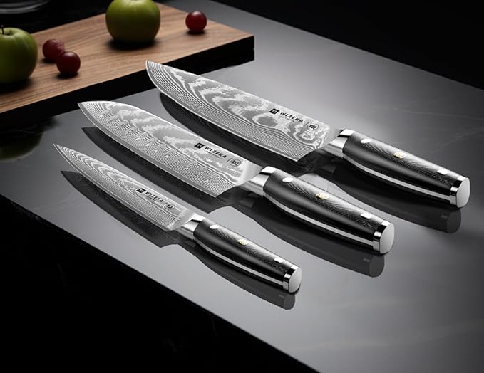 WIZEKA Damascus Chef Knife Set: 3 PCS,Super Sharp Kitchen Knives: Made of Japanese Steel VG10: Full Tang Professional Chef Knife Set With G10 Ergonomic Handle, Mothers Day - Image 5