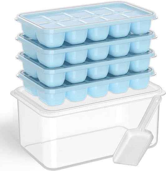 DOQAUS Ice Cube Tray with Lid and Bin - 4 Pack Silicone Ice Cube Trays for Freezer, Stackable Ice Bucket Kits with Storage Container & Scoop for Kitchen, RV, Cocktail, Coffee by DOQAUS