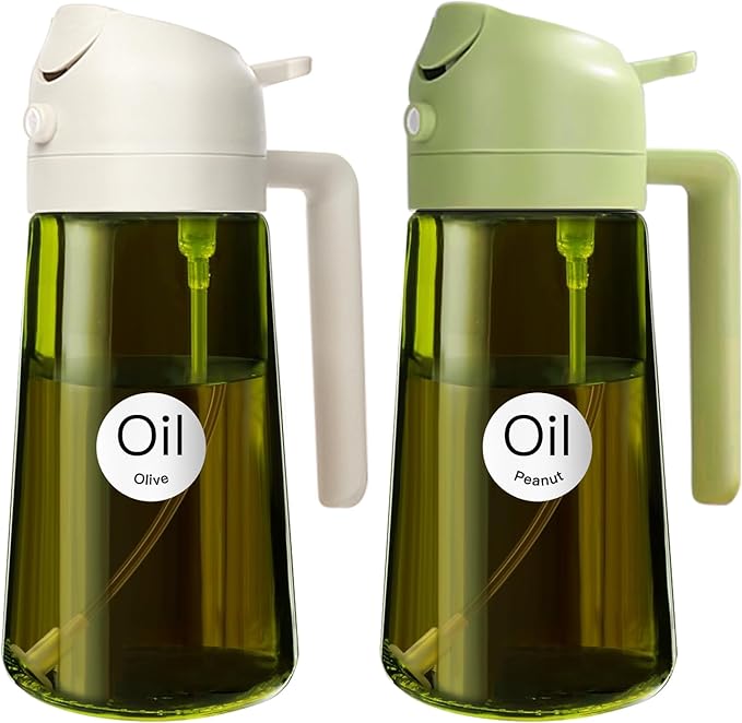 YARRAMATE 2PCS 16oz/470ml Oil Sprayer for Cooking with Stickers, Food-Grade 2 in 1 Olive Oil Dispenser Bottle for Kitchen, Premium Dark Green Glass Oil Bottle for Air Fryer, BBQ (White & Green) by YARRAMATE