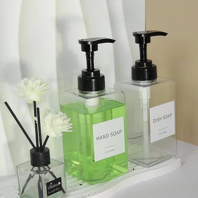 Clear Soap Dispenser with Waterproof Labels, Thickened Plastic Hand Soap Dispenser for Bathroom, Kitchen Dish Washing Liquid Bottles, Shampoo and Conditioner Bottles with Funnel (15oz 4Pack Clear) - Image 4