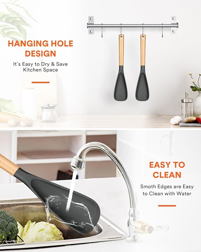 Cooking Spoon for Nonstick Cookwares, Great for Cooking and Serving Sturdy BPA-Free Matte Silicone, Wood Handle Spoon for Mixing, Scoop, and Scrape (2 Pack of Grey, 13.4 inch) - Image 7