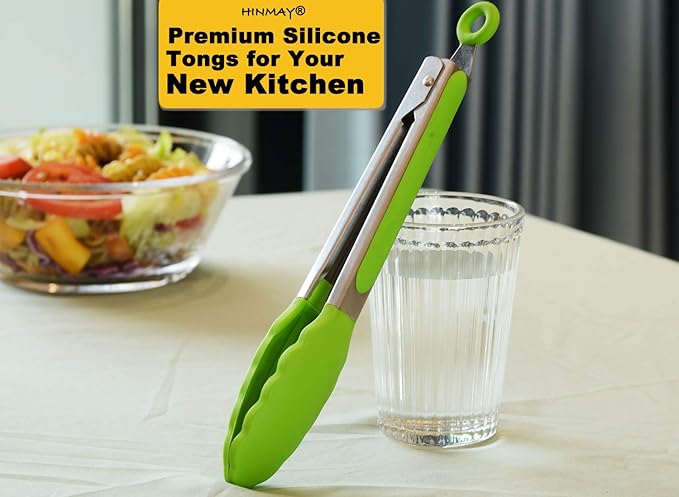 HINMAY Silicone Tongs 9-Inch Stainless Steel Locking Kitchen Tongs, Set of 3 (Green) - Image 5