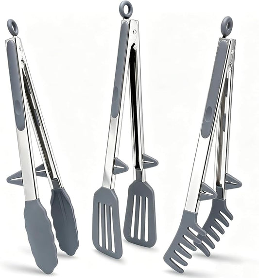 Tongs for Cooking, 12" Kitchen Tongs with Silicone Tips, Food Grade Serving Tongs Set of 3, Grey by TOWINGO