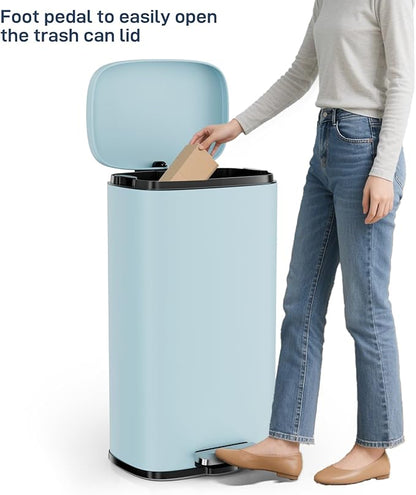 Arlopu 8/13.2 Gallon Step Trash Can, Stainless Steel Garbage Bin, Soft-Close Rubbish Bin with Removable Plastic Inner Bucket, Fingerprint-Proof, Lid Dustbin, Suit for Kitchen (Tide Pool Blue, 30L)
