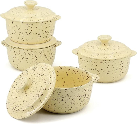 4-Piece 10 Oz Mini Ceramic Cocotte Set with Lids & Handles - Oven-Safe Casserole Dishes Ideal for Souffle, Soup, Cobbler & More, Stoneware Baking Ramekins, Yellow